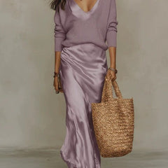 Odessa | Satin Midi Dress with Built-In Sweater Look