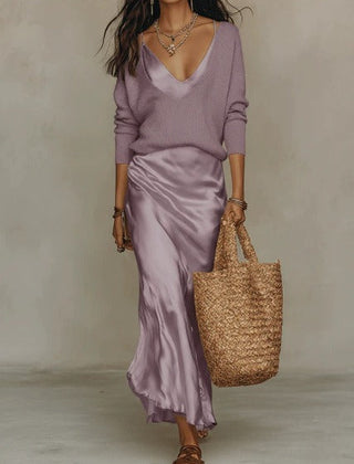 Odessa | Satin Midi Dress with Built-In Sweater Look