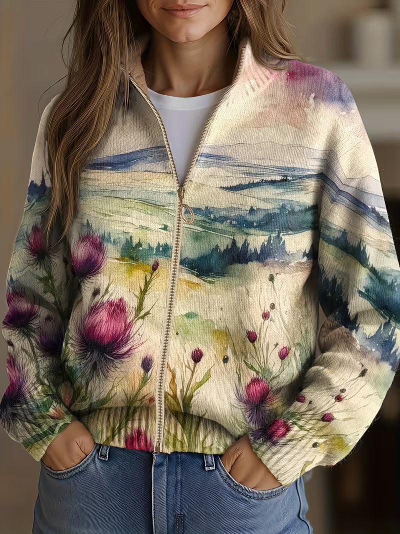 Scottish Thistle Landscape Zip Cardigan