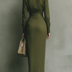 Collared Button-Front Draped-Waist Midi Dress for Women