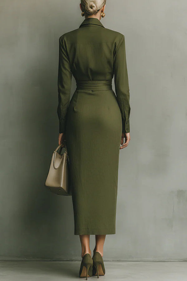 Collared Button-Front Draped-Waist Midi Dress for Women