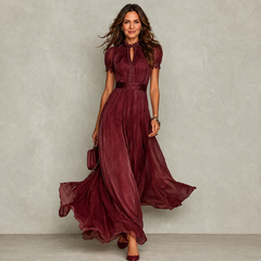 Red ruffle neck pleated maxi dress