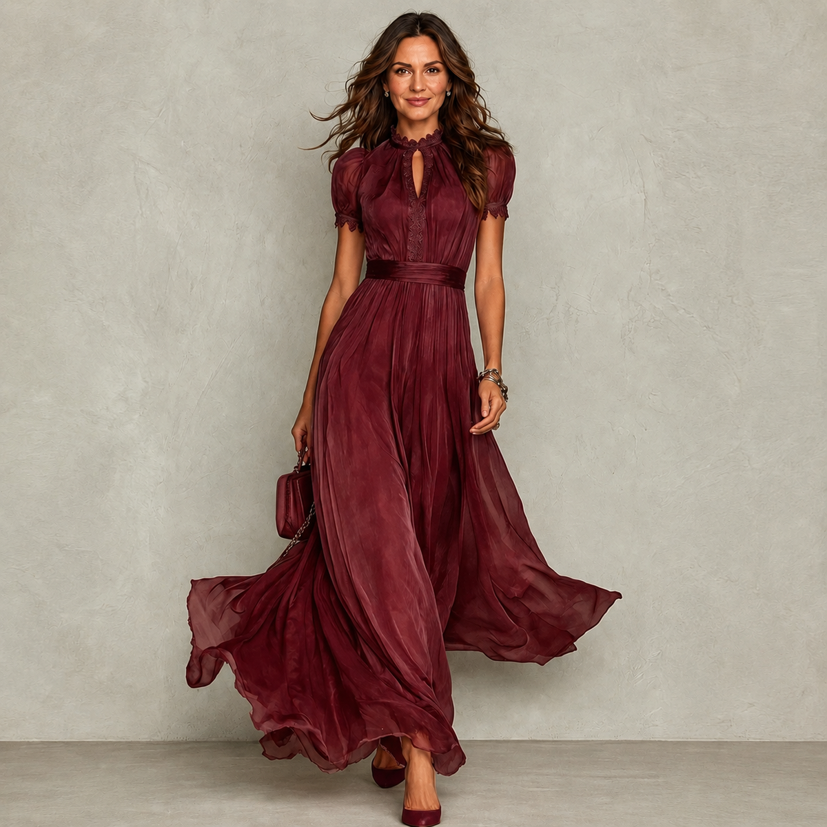 Red ruffle neck pleated maxi dress