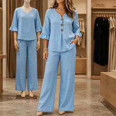 Linen-Look Two-Piece Set with Ruffle Sleeves and Wide-Leg Pants