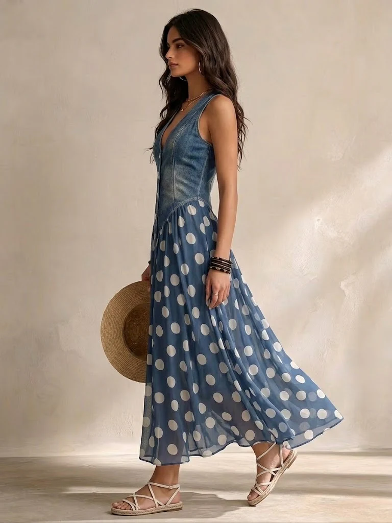 Midi chiffon dress with polka-dot pattern