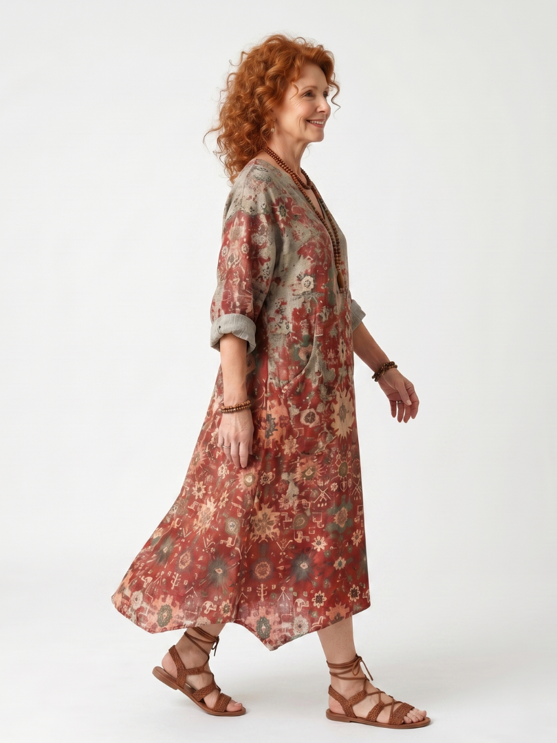 Julia | Mixed-Print Midi Dress with Pockets