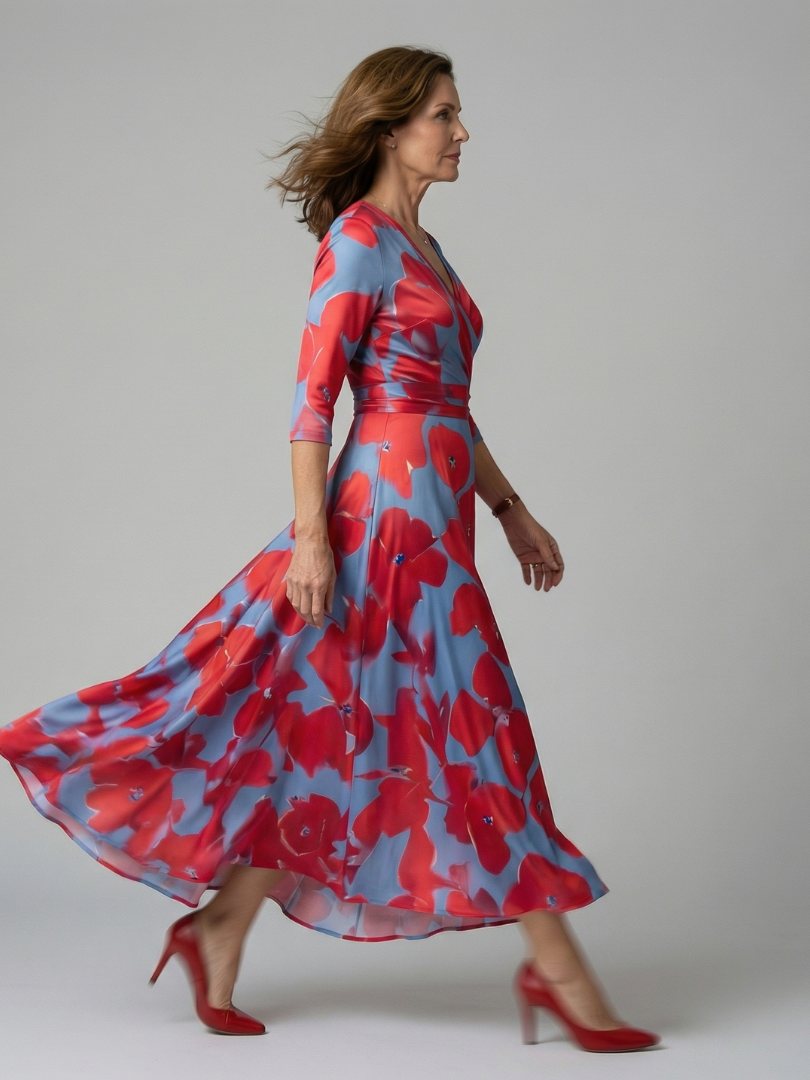 Natalie | Wrap-Neckline Midi Dress with 3/4 Sleeves