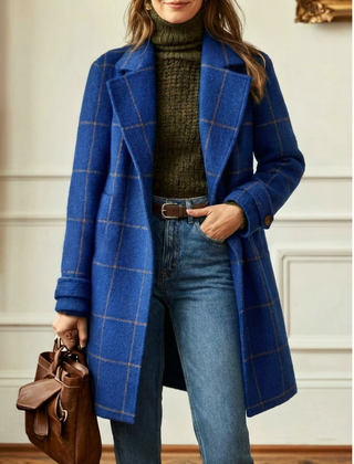 Plaid Wool-Blend Long Coat