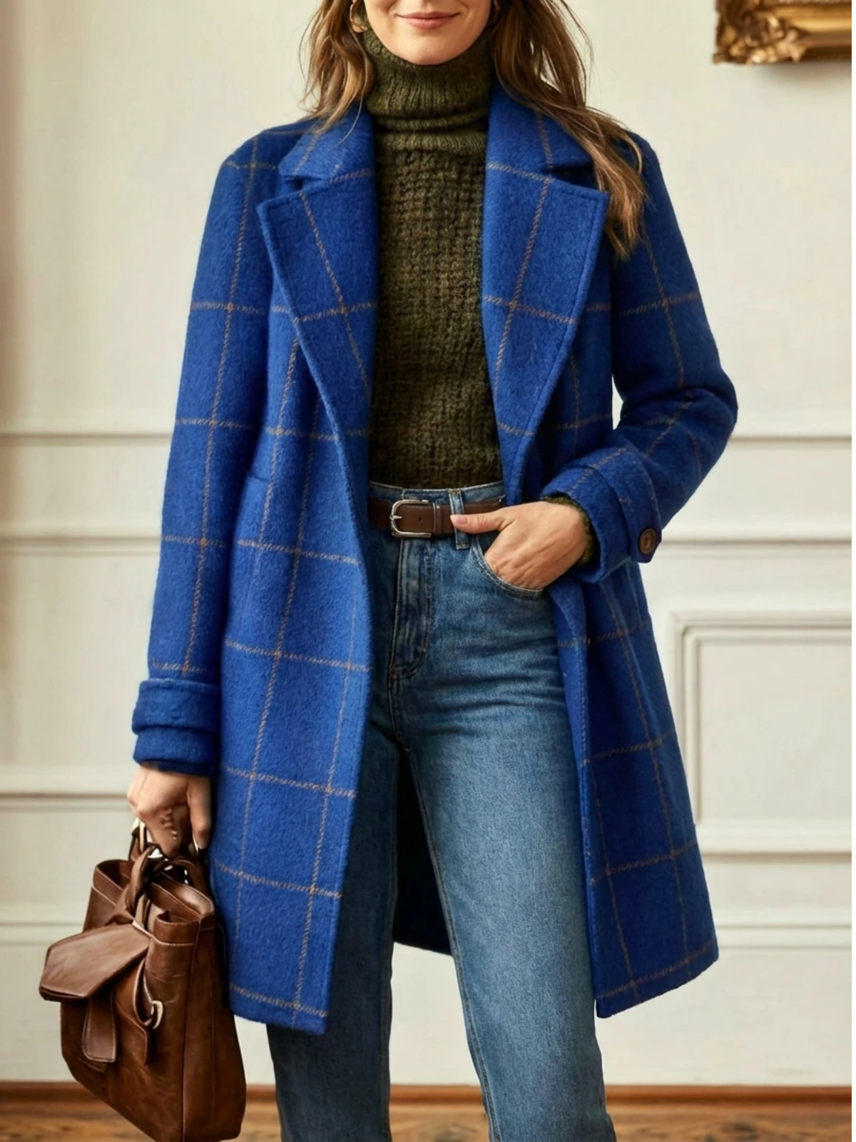 Plaid Wool-Blend Long Coat