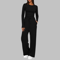 Casual Long Sleeve Top and Wide Leg Pants Set