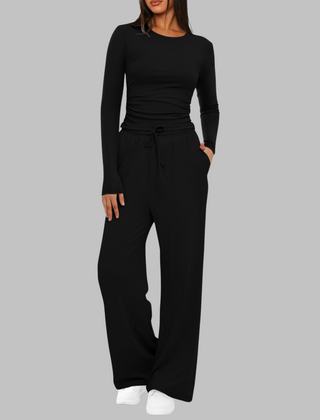 Casual Long Sleeve Top and Wide Leg Pants Set