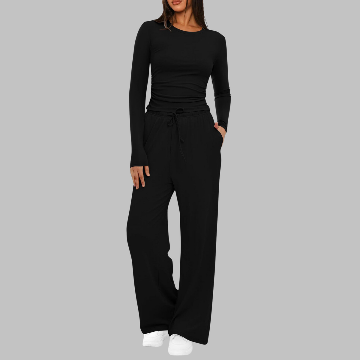 Casual Long Sleeve Top and Wide Leg Pants Set