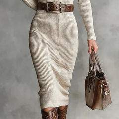 Ribbed Knit V-Neck Belted Midi Dress for Women