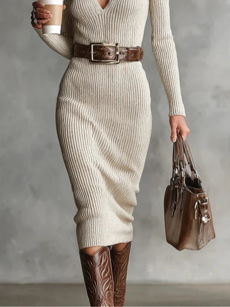 Ribbed Knit V-Neck Belted Midi Dress for Women