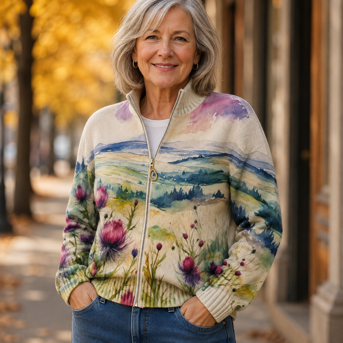 Scottish Thistle Landscape Zip Cardigan