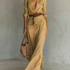 Lapel V-Neck Belted Wrap Maxi Dress for Women