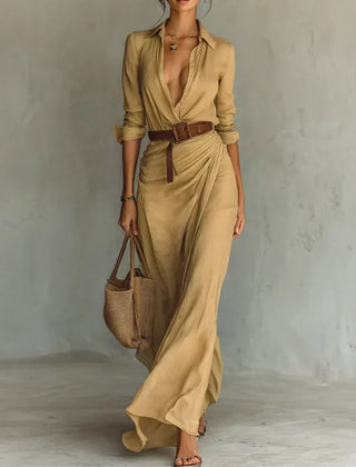 Lapel V-Neck Belted Wrap Maxi Dress for Women