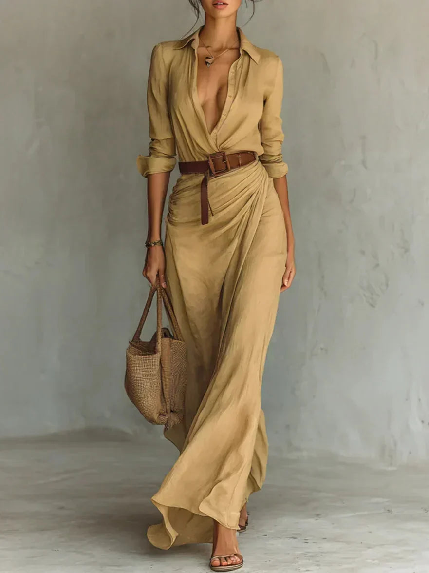 Lapel V-Neck Belted Wrap Maxi Dress for Women