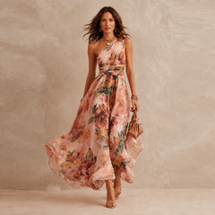 Pink watercolor floral one-shoulder maxi dress