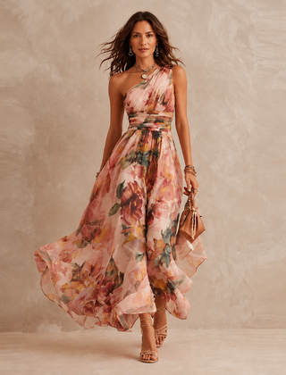 Pink watercolor floral one-shoulder maxi dress