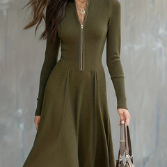 Zip-Front Long-Sleeve Fitted Midi Dress for Women