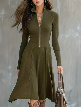 Zip-Front Long-Sleeve Fitted Midi Dress for Women