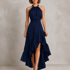 Navy blue halter maxi dress with layered ruffle hem