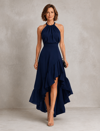 Navy blue halter maxi dress with layered ruffle hem