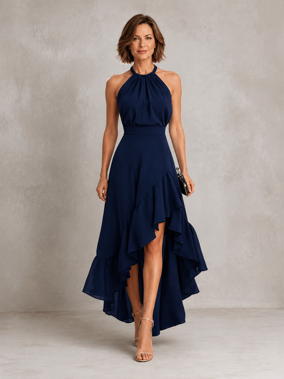 Navy blue halter maxi dress with layered ruffle hem