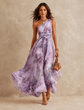 Lavender watercolor floral one-shoulder maxi dress