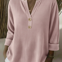 Textured waffle knit button sweater in pink