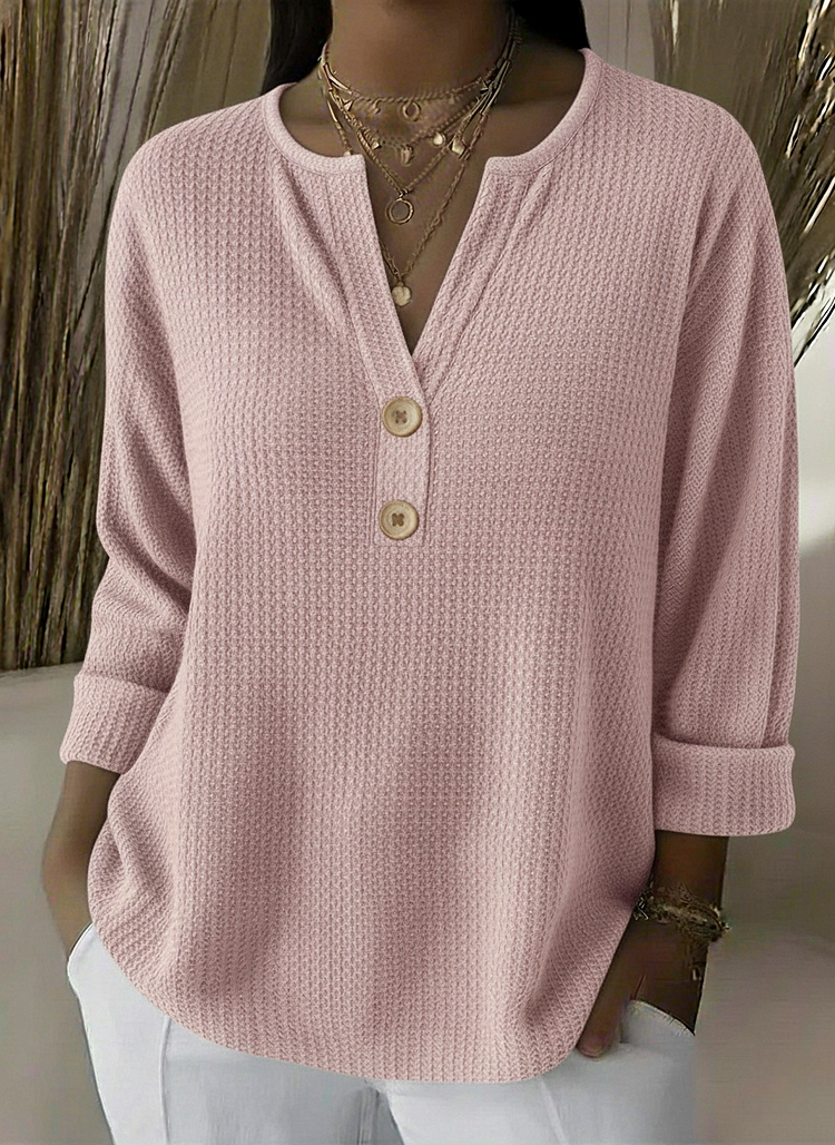 Textured waffle knit button sweater in pink