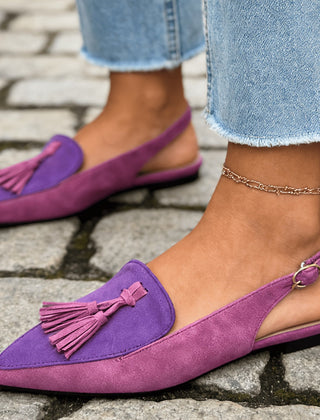 Slingback Mules with Tassels in pink and purple