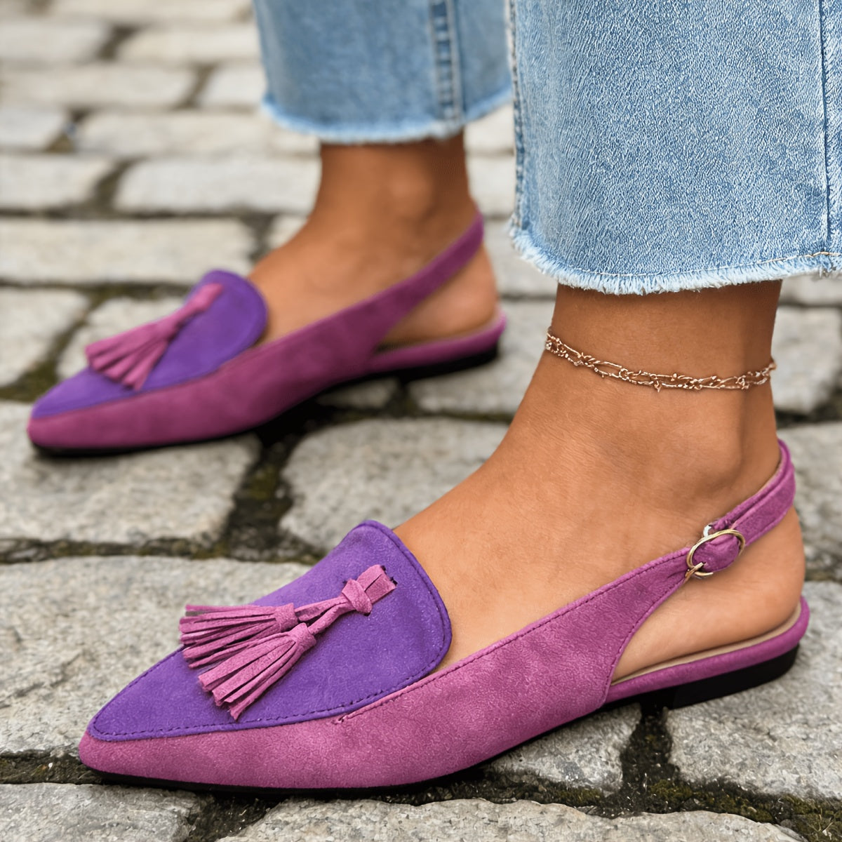 Slingback Mules with Tassels in pink and purple