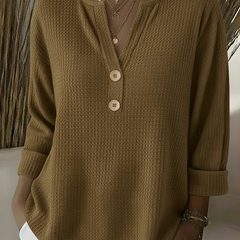 Textured waffle knit button sweater in khaki