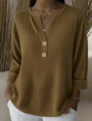 Textured waffle knit button sweater in khaki