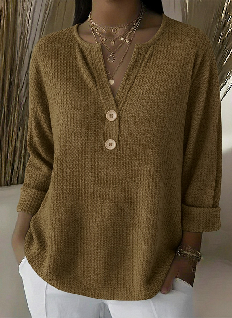 Textured waffle knit button sweater in khaki