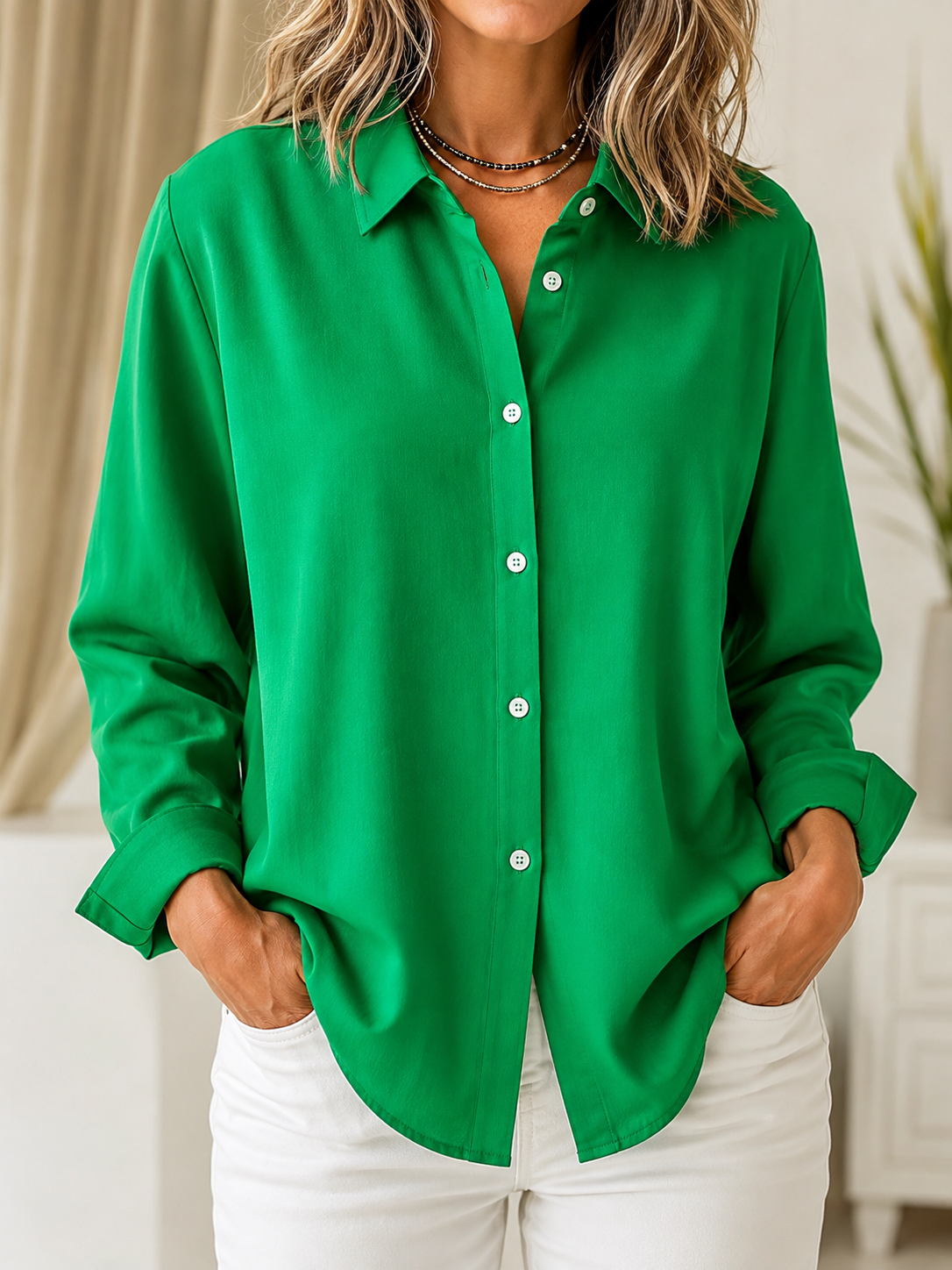 Classic Solid Button Front Blouse