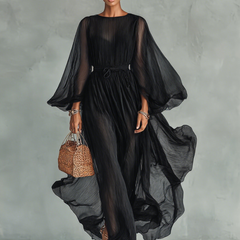 Pleated Sheer-Sleeve Belted Midi Dress for Women