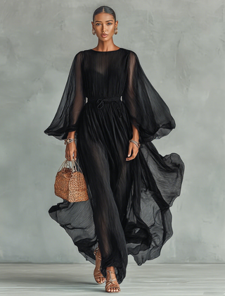 Pleated Sheer-Sleeve Belted Midi Dress for Women