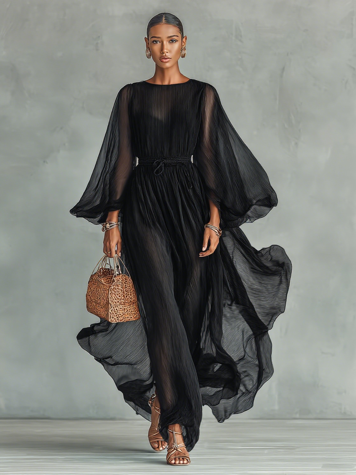 Pleated Sheer-Sleeve Belted Midi Dress for Women
