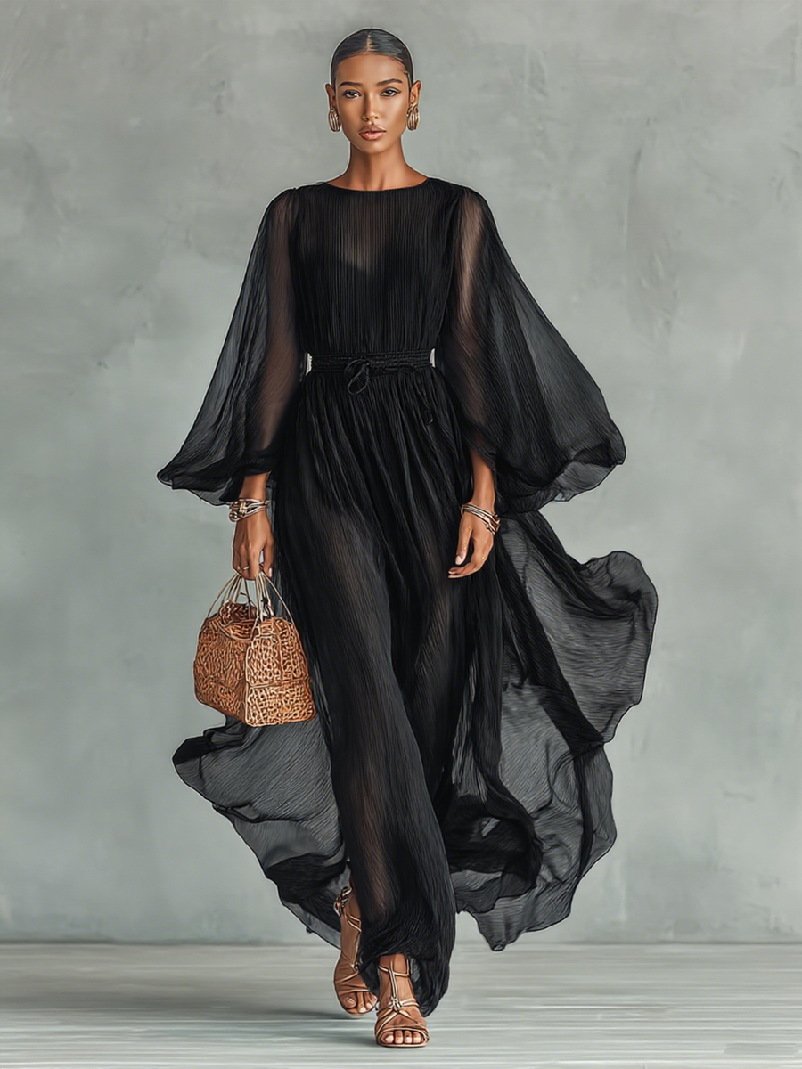 Pleated Sheer-Sleeve Belted Midi Dress for Women