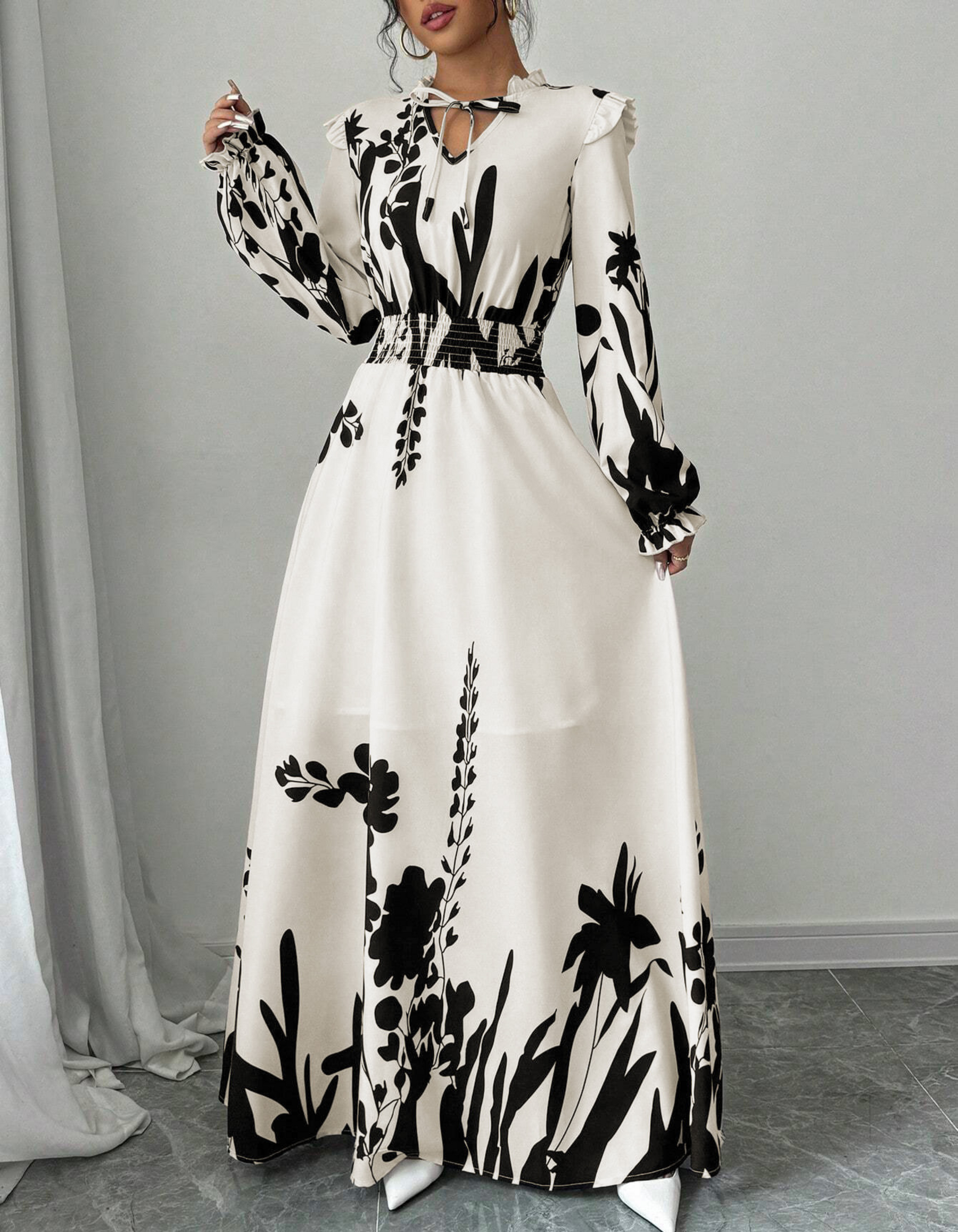 Odette | Tie-Neck Maxi Dress with Puff Sleeves