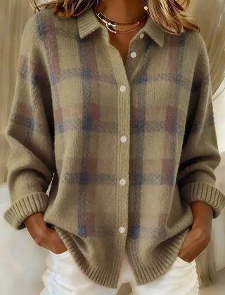 Plaid knit button cardigan in green