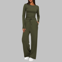 Casual Long Sleeve Top and Wide Leg Pants Set