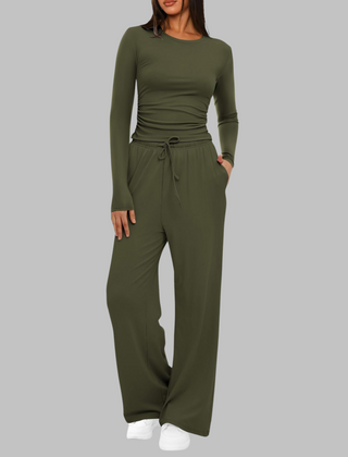 Casual Long Sleeve Top and Wide Leg Pants Set