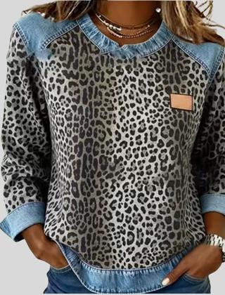 Leopard Print Sweater with Denim Collar