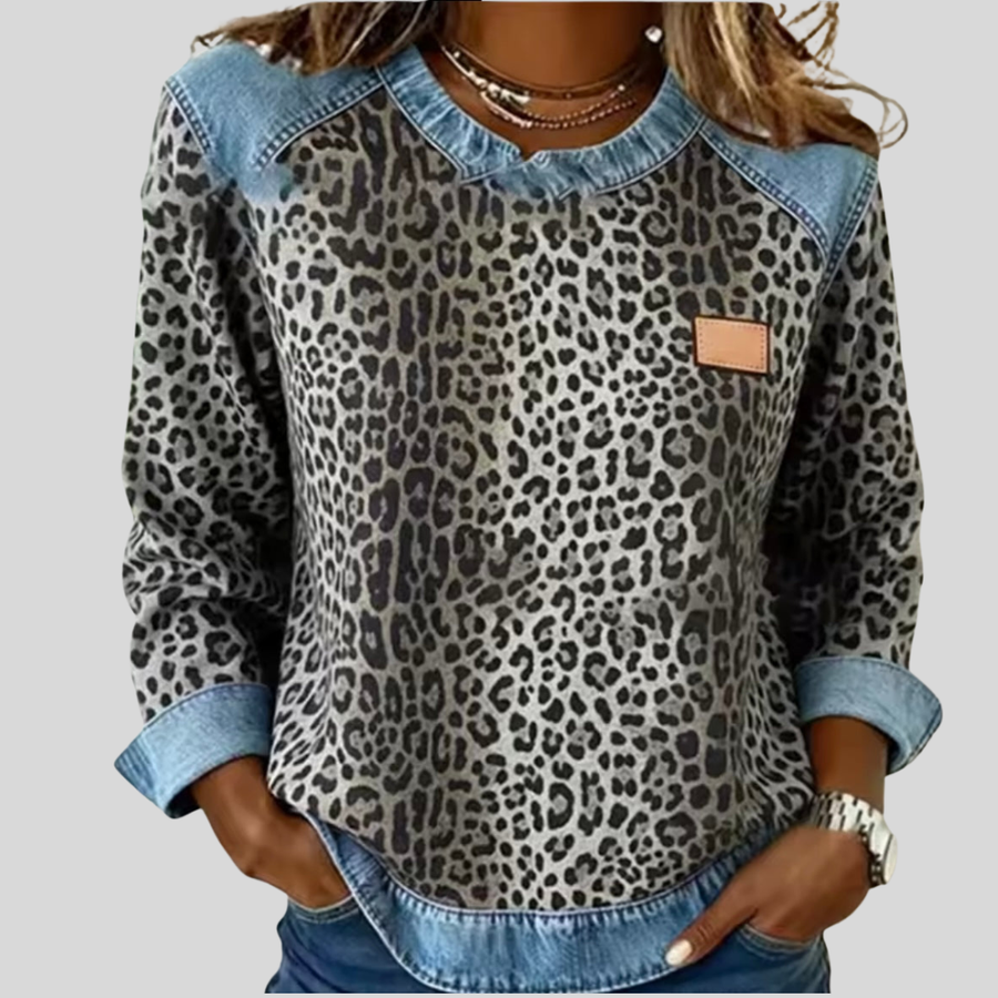 Leopard Print Sweater with Denim Collar
