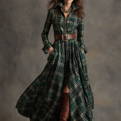 Belted Button-Front Long-Sleeve Maxi Shirt Dress for Women