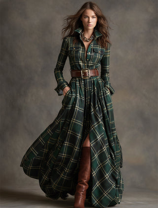 Belted Button-Front Long-Sleeve Maxi Shirt Dress for Women